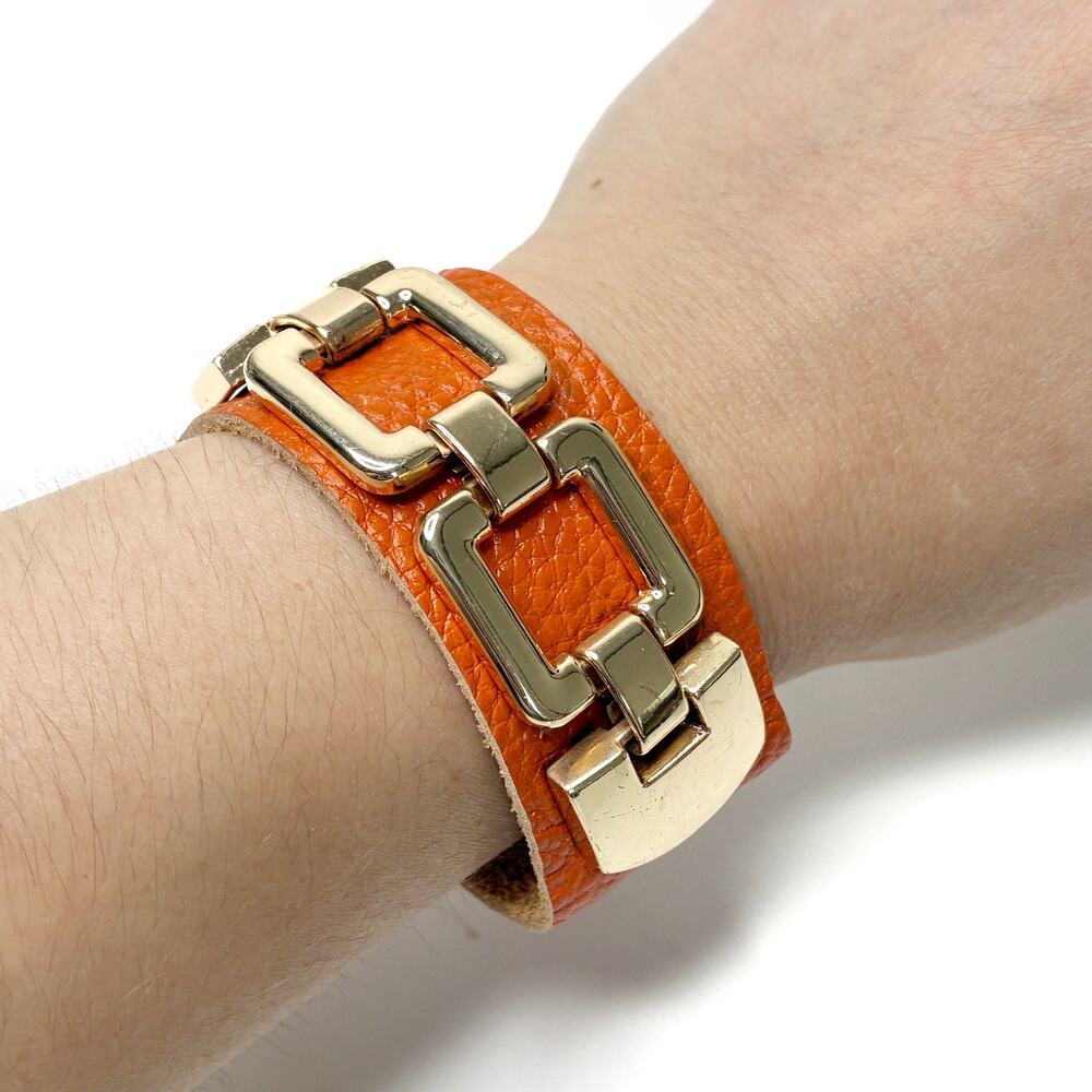 Orange Leather Gold Chain Link Statement Cuff Bracelet Snap Closure